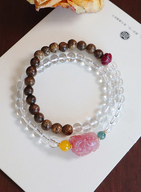 天然沉香手链女盐源凤九朱砂莲花复古国风双圈手串手饰品