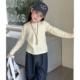 女童纯色字母长袖T恤2026新款儿童打底衫春秋叠穿单穿洋气上衣