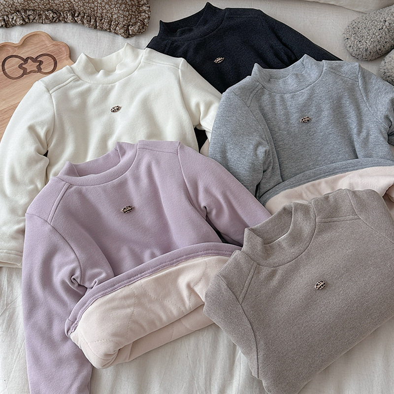 女童半高领打底衫2025冬装新款宝宝夹棉上衣冬季儿童加厚长袖T恤