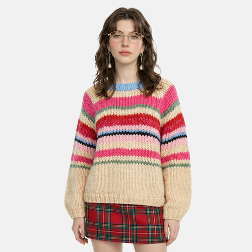 甜美气质减龄重工手工编织粗针彩虹条纹宽松针织衫毛衣外套厚2026