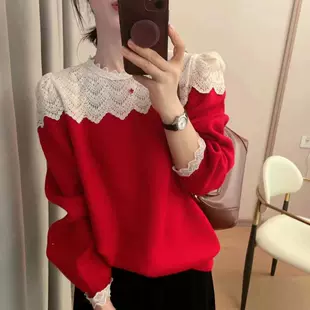 气质优雅蕾丝拼接针织衫 2022冬季 法式 女设计感显瘦别致套头毛衣潮