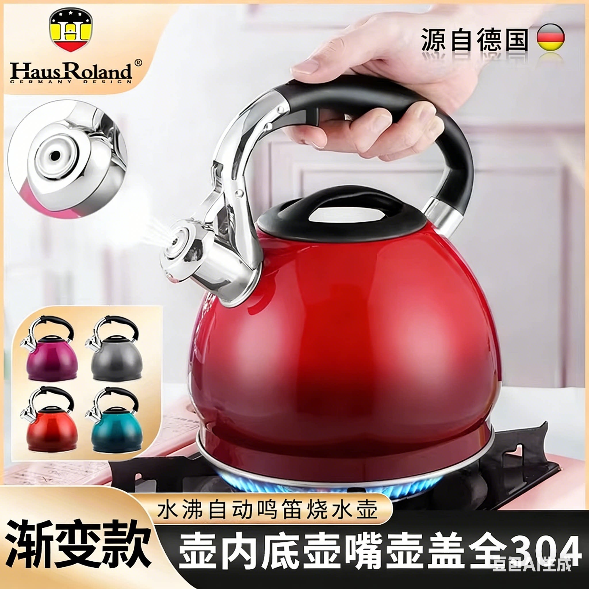 德国家用烧水壶304不锈钢3L自动鸣笛防干烧 明火电磁炉煤气灶通用