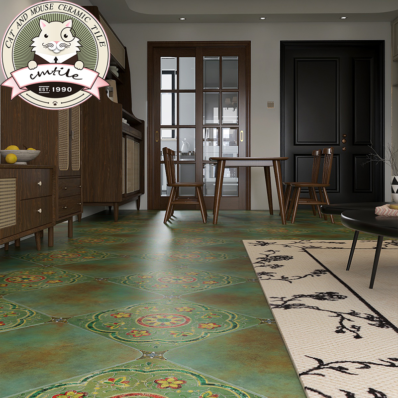 美式复古墨绿色圆角砖500*500客厅餐厅卧室阳台厨房卫生间瓷砖