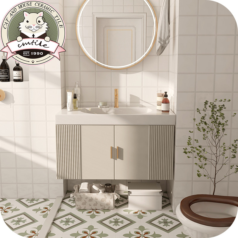 北欧风绿色拼花花砖卫生间浴室防滑地砖亮光八格面包砖格子砖墙砖