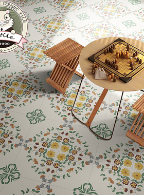 绿色清新手绘花砖200x200卫生间厨房阳台玄关防滑耐磨墙地砖