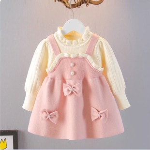 儿童针织连衣裙秋冬季新款女童加厚毛衣裙宝宝周岁连衣裙冬装裙子