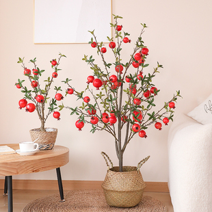 石榴树仿真果实树枝假树新中式客厅桌面落地摆件过年盆栽植物装饰