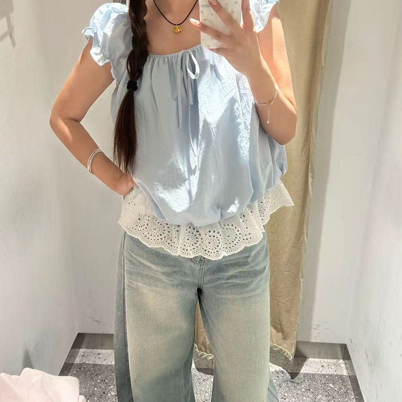黄峥法式方领短袖衬衫女夏设计感小众蓝色假两件木耳边泡泡袖上衣