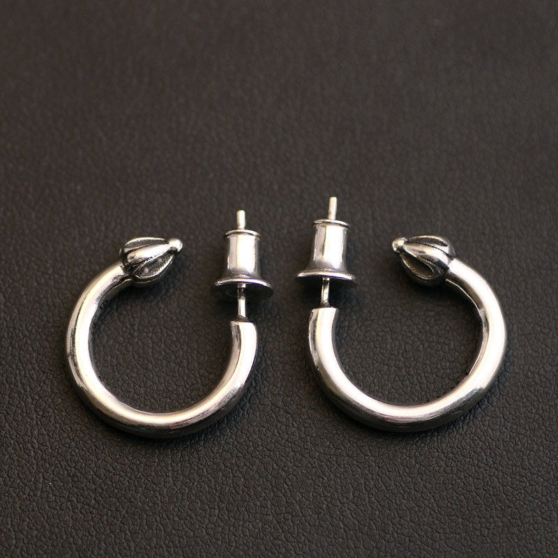 一休老银匠制作925纯银 十字花 鱼钩圆环耳钉潮流朋克 男女款耳环