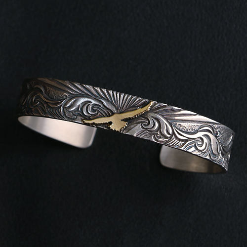 一休老银匠银小鹰印台唐草手镯