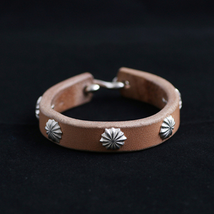 手工制作  一休高桥吾郎 枥木鞍革手环 纯银菊花钉 情侣 皮 手镯