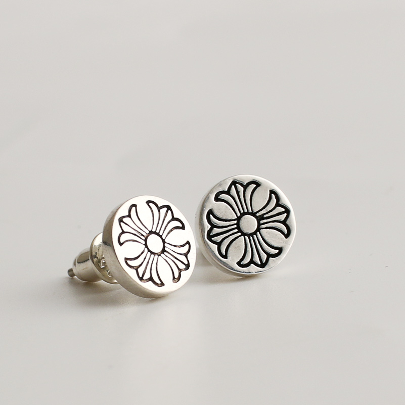 一休老银匠制作S925纯银 十字花圆形耳钉潮流朋克 情侣耳钉男女款