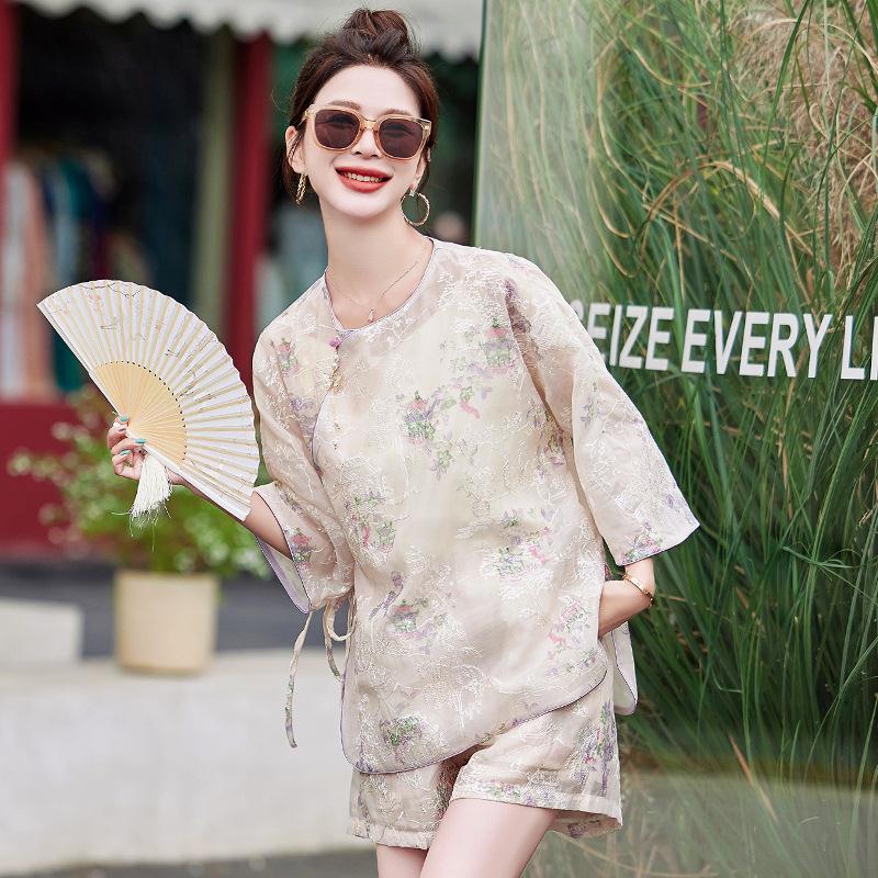 新中ZMAN5107式国风短裤套装女新款夏装搭配整套衣刺提花一防晒绣