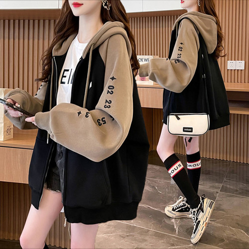 拼色连帽设计感拉链薄款卫衣女春秋新款韩版宽松大码胖mm开衫外套