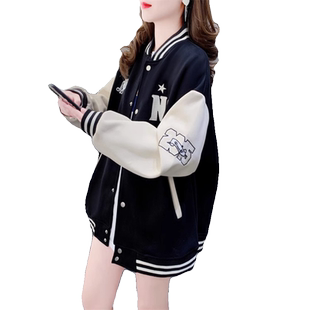 拼色刺绣薄款开衫卫衣女春秋新款韩版宽松百搭大码棒球服上衣外套
