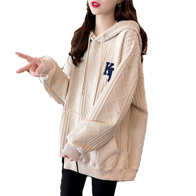 提花刺绣连帽薄款卫衣女