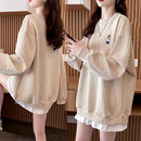 大码 宽松薄款 假两件上衣潮 韩版 提花刺绣假两件加绒卫衣女春秋新款