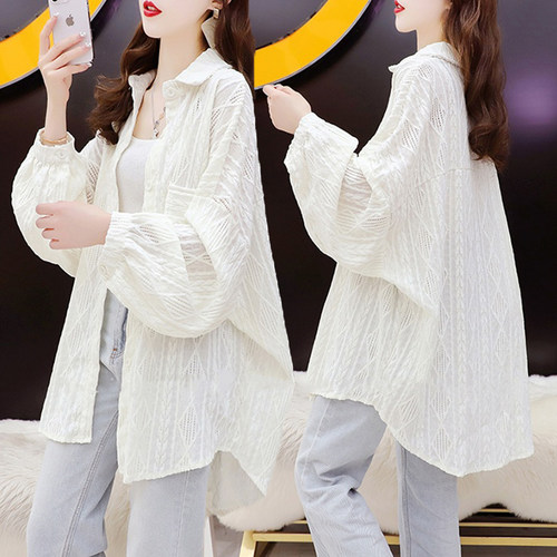 网纱镂空中长款防晒衬衫女