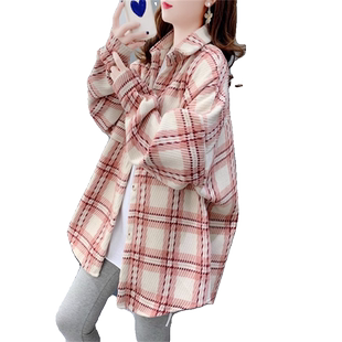 大码女装中长款格子加厚衬衫女秋冬季新款韩版宽松设计感上衣外套