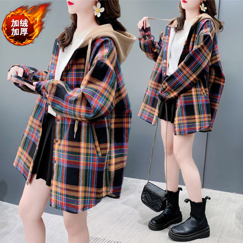 大码女装设计感格子连帽加绒外套女秋冬新款韩版宽松百搭外穿上衣