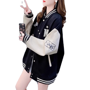 拼色刺绣薄款棒球服外套女春秋新款韩版宽松宽松百搭大码学生上衣