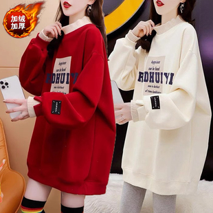 韩版 大码 新款 设计感加绒加厚卫衣女秋冬季 宽松百搭假两件上衣 女装