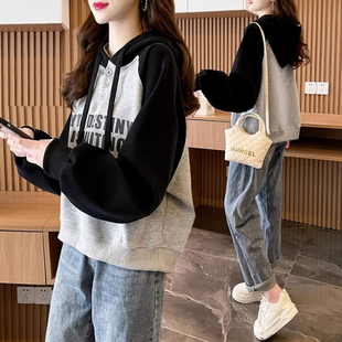 拼色连帽设计感薄款小个子卫衣女春秋新款韩版宽松百搭短款上衣潮