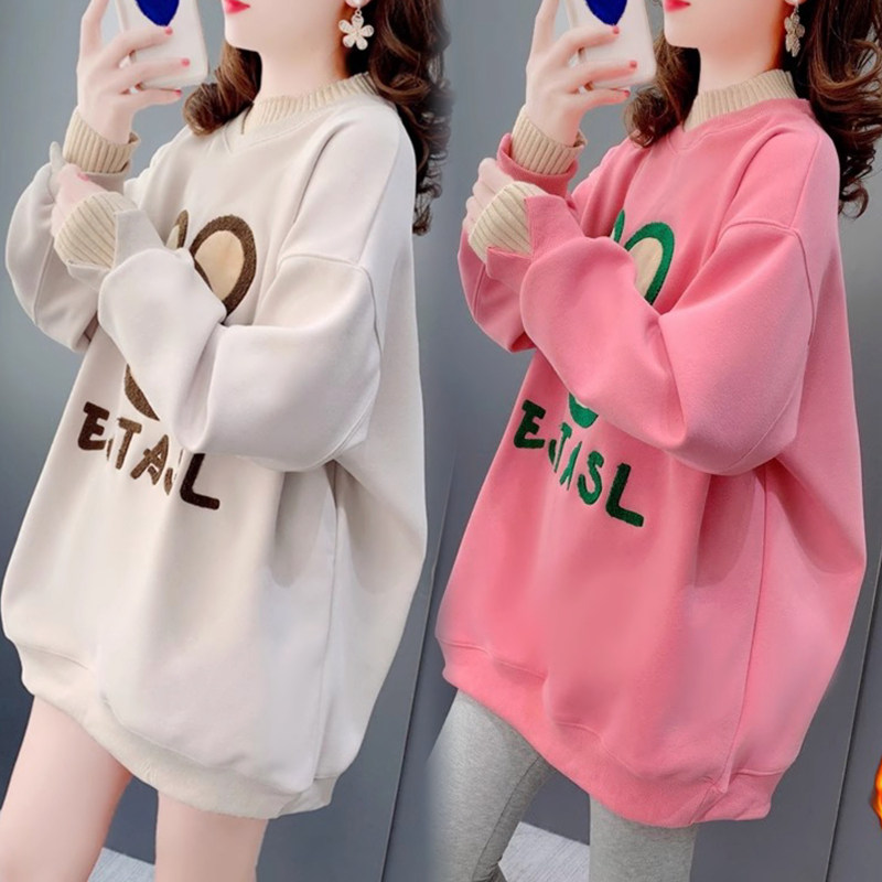 卡通刺绣假两件半高领加绒卫衣女