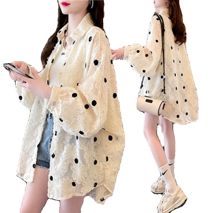 大码女装胖mm波点薄款防晒衬衫2024夏季新款韩版宽松百搭开衫外套