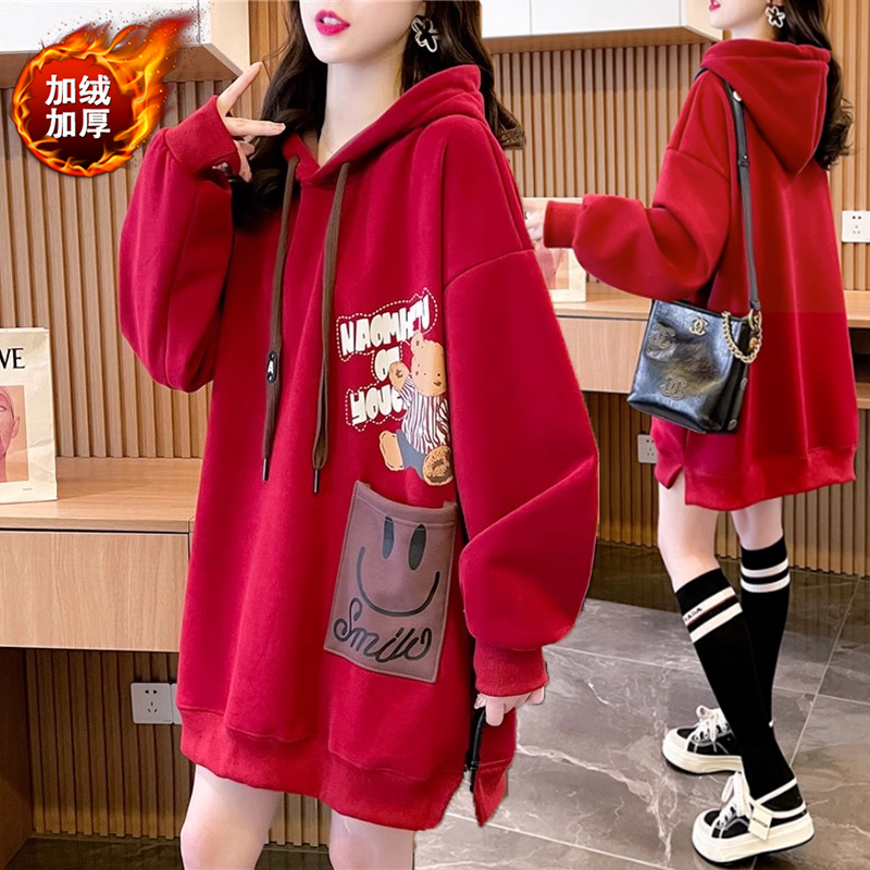 立体口袋中长款连帽薄款卫衣女