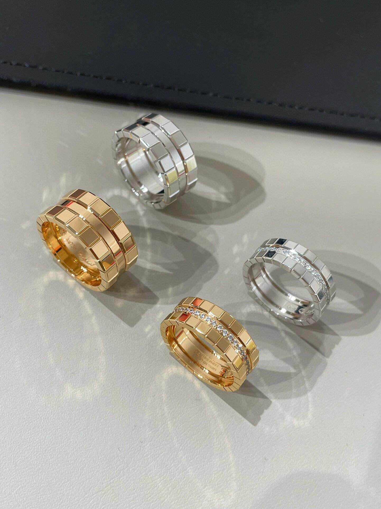 真金真钻18k金天然钻石戒指宽版小方冰糖三环三色金对戒情侣婚戒