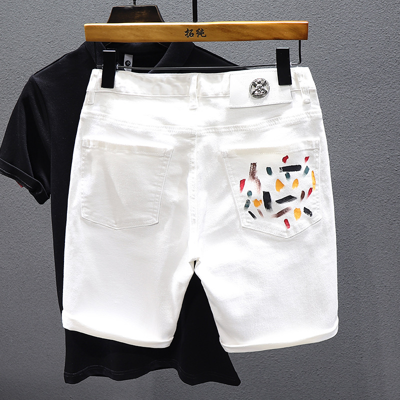 夏季小众白色破洞牛仔短裤男五分裤印花弹力修身显瘦潮流休闲中裤