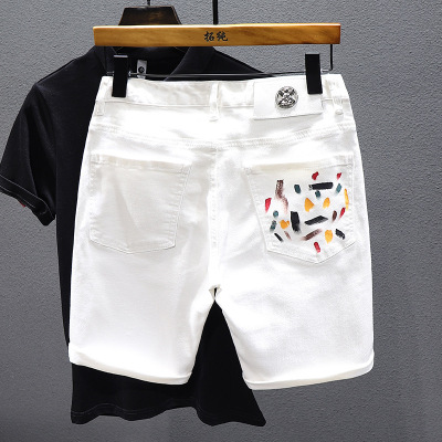 夏季小众白色破洞牛仔短裤男五分裤印花弹力修身显瘦潮流休闲中裤