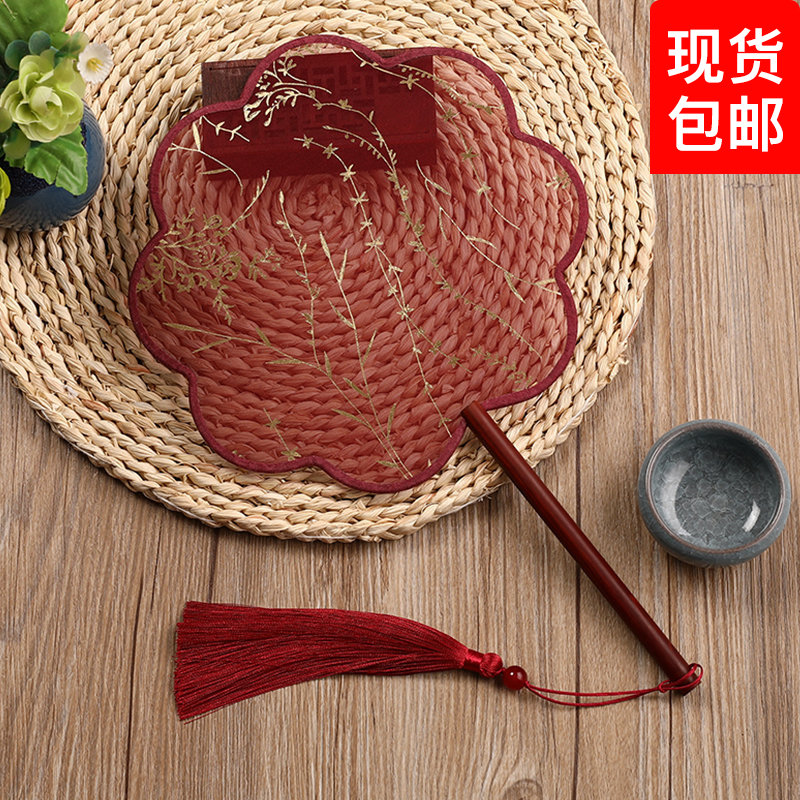 真丝烫金檀木异形女式古风团扇