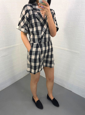 米蔻百家好夏季新款韩版格纹V领显瘦女式连体裤子HTOP321W