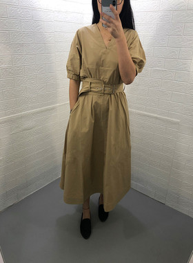 米蔻百家好夏季新款韩版收腰中长款V领女式连衣裙HUOP322A