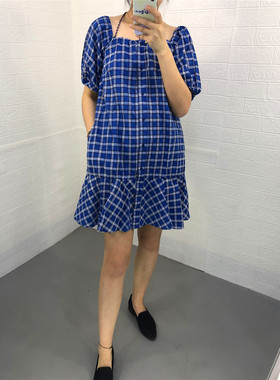 米蔻百家好夏季新款韩版宽松格子中长款女式连衣裙HTOP425B