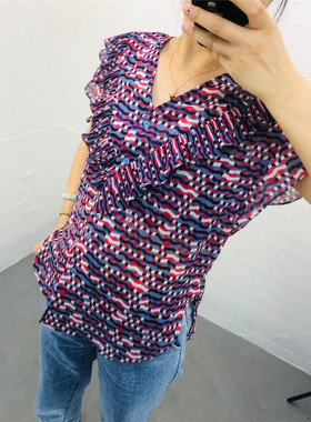 米蔻百家好夏季新款韩版V领印花短袖休闲女式衬衫HUBL521A