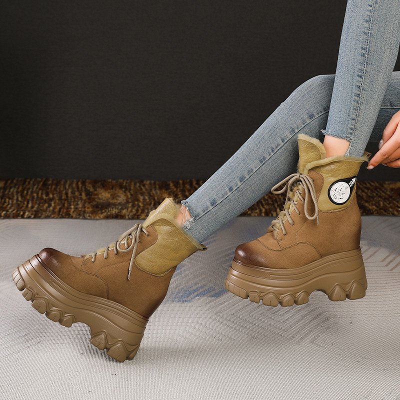 12cm内增高马丁靴女牛巴戈皮超高跟羊毛厚底雪地靴小个子洋气短靴,女鞋,时尚雪地靴,淘宝优惠券,粉丝福利购,淘宝优惠卷