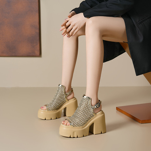 时尚夏季12cm增高镂空编织渔网鞋设计感小个子厚底高跟鱼嘴凉鞋女