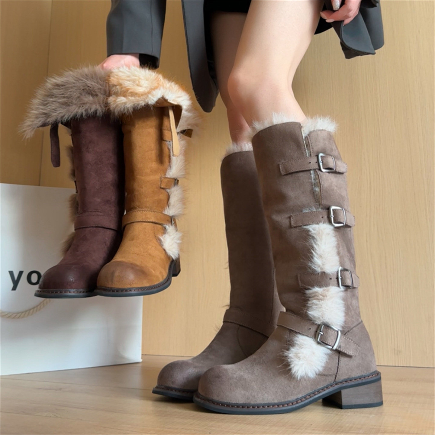 加绒保暖雪地靴女2025新款冬季法式粗跟气质骑士靴百搭东北大棉鞋,女鞋,时装靴,淘宝优惠券,粉丝福利购,淘宝优惠卷
