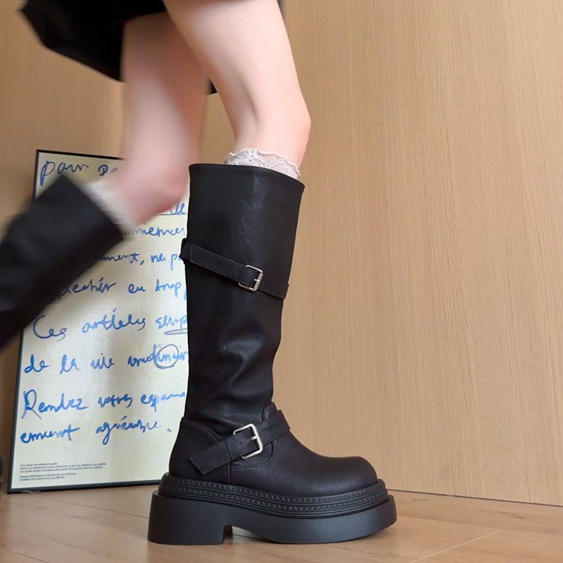 永希女靴黑色皮靴机车美拉德长靴