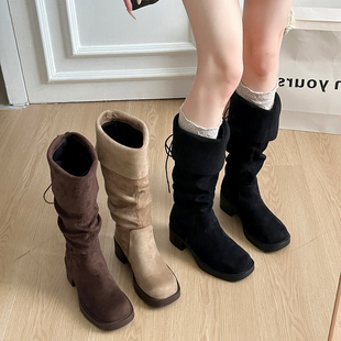 棕色靴子长筒靴女粗腿胖mm大筒围两穿粗跟堆堆长靴显瘦高筒骑士靴