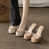 夏季 女款 不累脚防水台配裙子走秀模特水晶粗跟凉拖鞋 透明高跟凉鞋