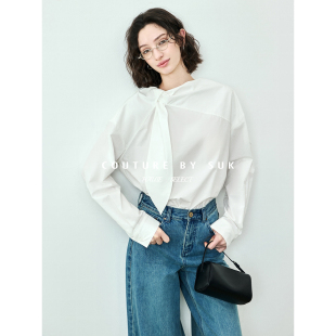 女春季 SUK 飘带衬衫 轻熟风法式 系带设计感白色通勤上衣 独白之境
