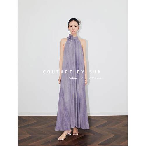 SUK 翩翩夏意！2025新款露肩挂脖长裙夏季法式高级感吊带连衣裙女