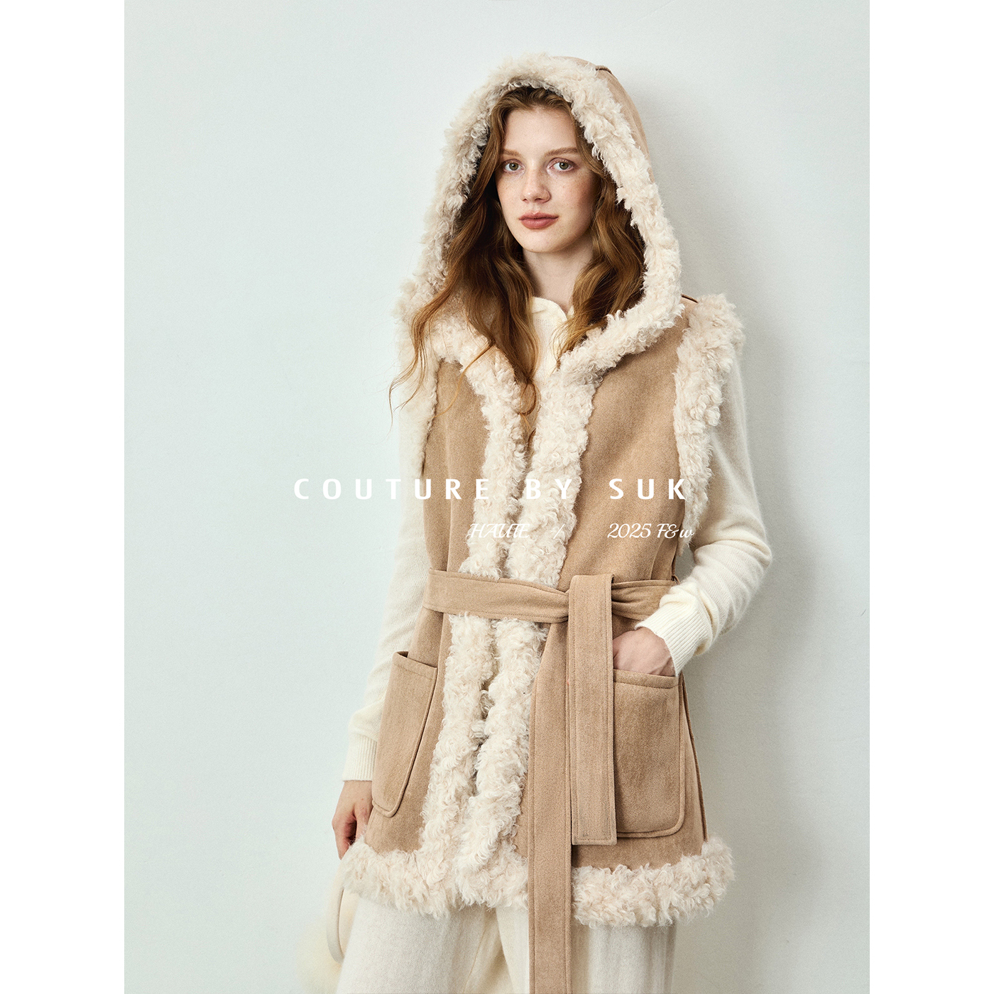 SUK 冬日暖阳！2025秋冬新款复古系带收腰显瘦皮毛无袖马甲外套女