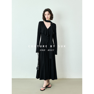 飘带V领荷叶边长袖 SUK 新款 春季 连衣裙女显瘦气质长裙 与春共舞