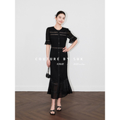 SUK 新款 黄石公园 飒爽高级感蕾丝拼接高腰收腰鱼尾连衣裙女夏季