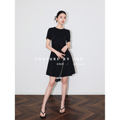 SUK 黑色收腰连衣裙女 复古针织短裙小黑裙夏新款 赫本风 法式